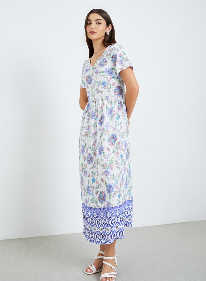 Styli Women Blue Floral Print A-Line Midi Dress - Image 5